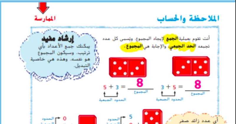 حل درس خواص عملية الجمع رياضيات الصف الثاني 1 الملاحظة والحساب