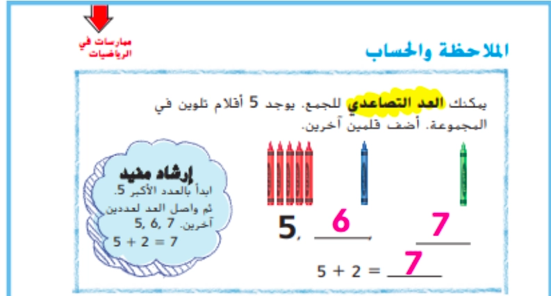 نواتج التعلم حل درس الجمع بالعد التصاعدي بمقدار 1 او 2 او 3