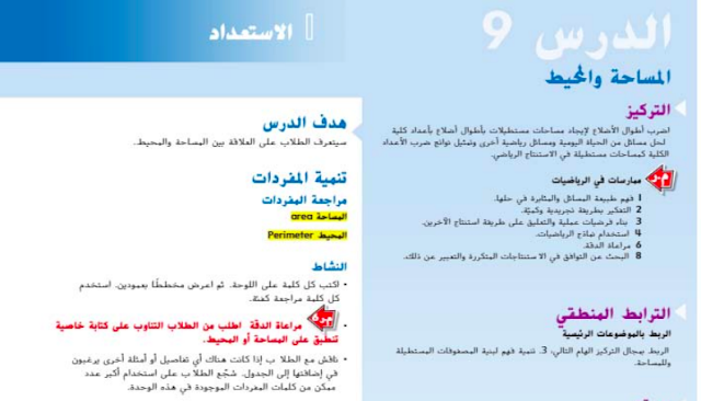 حل درس الربط بين المساحة والمحيط للصف الرابع 1 حل درس الربط بين المساحة والمحيط للصف الرابع