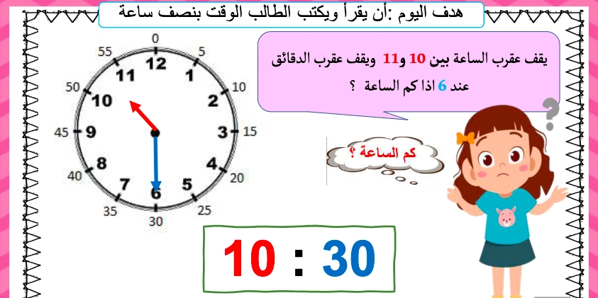 حل درس الوقت بنصف الساعة الرقمية رياضيات الصف الأول 1 نواتج التعلم حل درس الوقت بنصف الساعة الرقمية