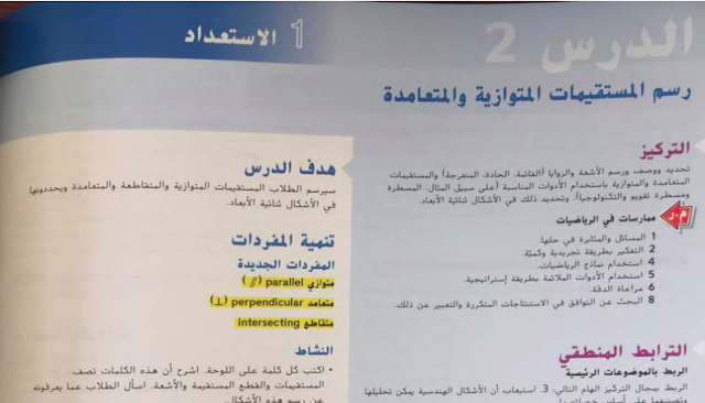حل درس رسم المستقيمات المتوازية والمتعامدة للصف الرابع