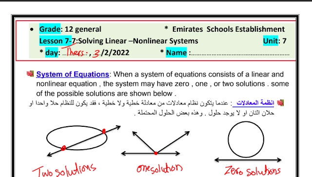 أوراق عمل Solving Linear –Nonlinear Systems الرياضيات للصف الثاني عشر عام 2 أوراق عمل Solving Linear –Nonlinear Systems الرياضيات للصف الثاني عشر عام