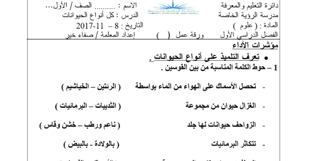 ورقة عمل عن انواع الحيوانات للصف الاول 1 ورقة عمل عن انواع الحيوانات للصف الاول