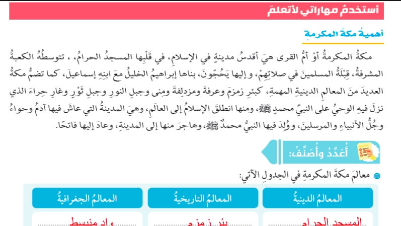 حل درس فتح مكة تربية اسلامية الصف الثامن 1 أهمية مكة المكرمة