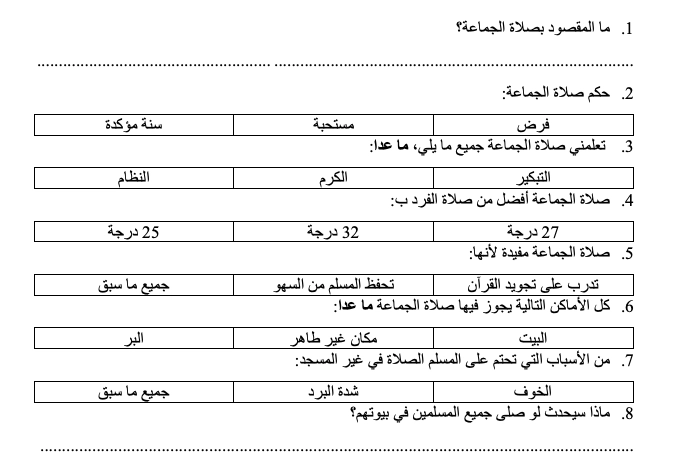 أهداف ورقة عمل درس صلاة الجماعة