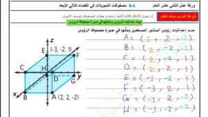 حل درس مصفوفات التحويلات في الفضاء ثلاثي الابعاد للصف الثاني عشر